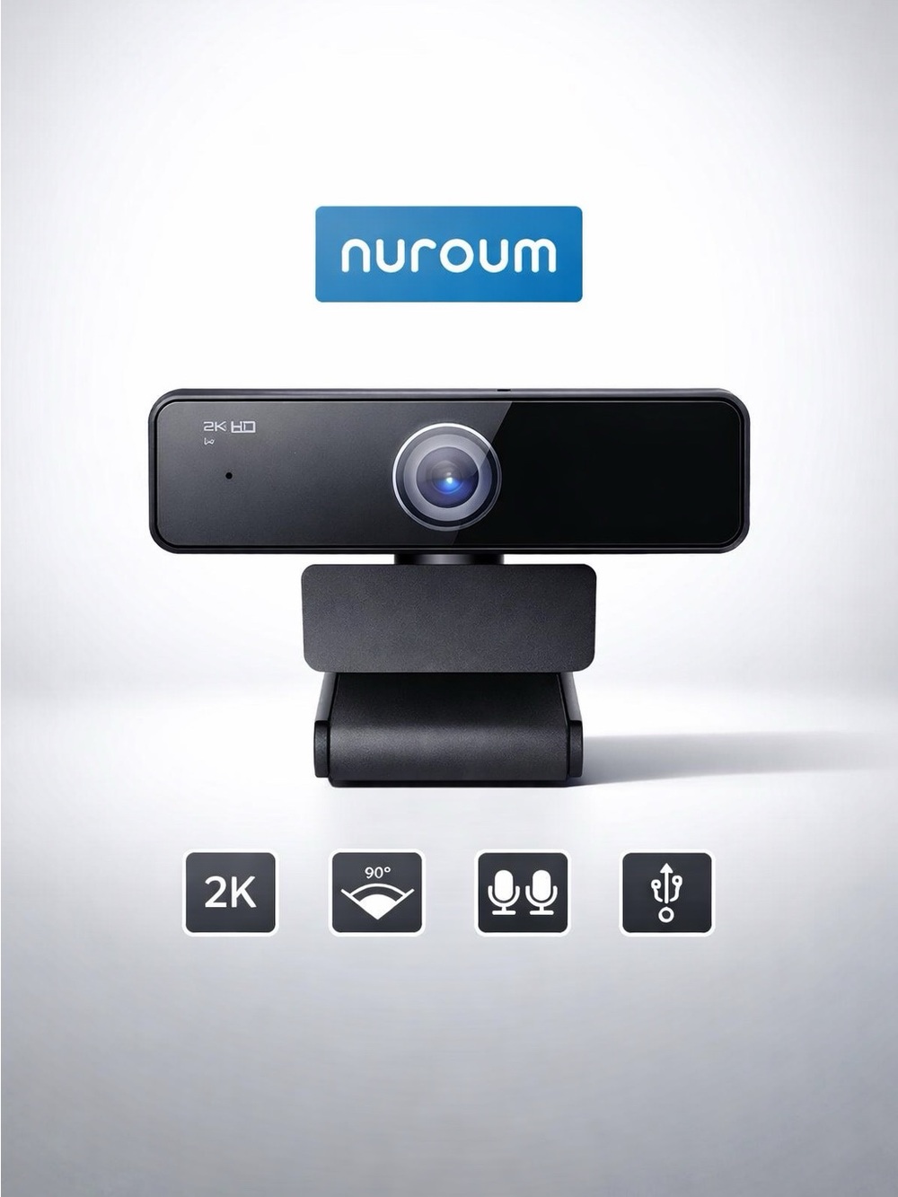 Nuroum 2K USB Webcam in Black with Dual Microphones and 90° Wide Angle